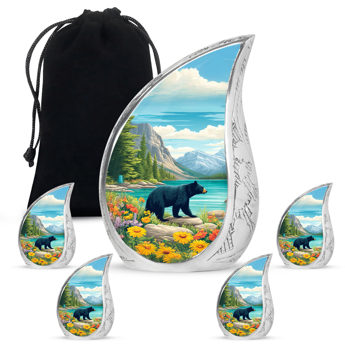 Sea Green Teal Bear Cremation Urn side profile showing urn shape - flowing teardrop bear silhouette on curved aluminum - memorial set with one large and four small urns