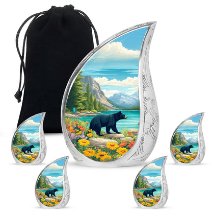 Sea Green Teal Bear Cremation Urn side profile showing urn shape - flowing teardrop bear silhouette on curved aluminum - memorial set with one large and four small urns