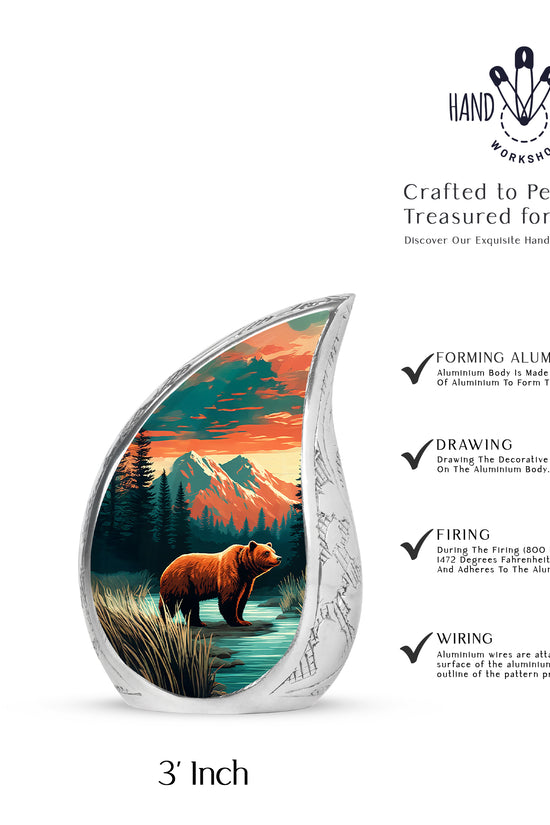 Soft Teal Bear Cremation Urn angled view of lid and engraved motif - rounded teardrop bear design with delicate detail - mini keepsake memorial for portion of cremation ashes