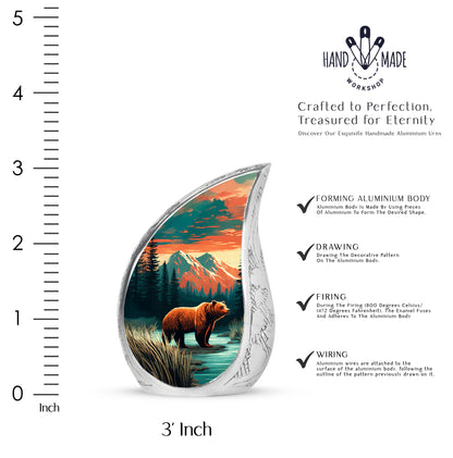 Soft Teal Bear Cremation Urn angled view of lid and engraved motif - rounded teardrop bear design with delicate detail - mini keepsake memorial for portion of cremation ashes