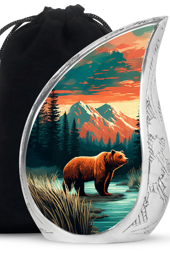 Cool Teal Bear Cremation Urn front view showing detailed design - flowing teardrop bear silhouette on curved aluminum - full-size 10 inch 200 cubic inch adult cremation urn