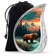 Cool Teal Bear Cremation Urn front view showing detailed design - flowing teardrop bear silhouette on curved aluminum - full-size 10 inch 200 cubic inch adult cremation urn