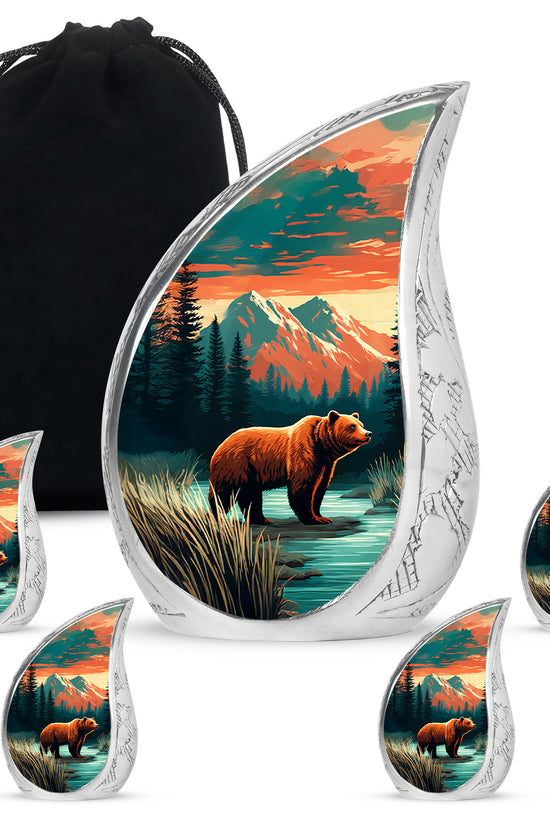 Soft Teal Bear Cremation Urn side profile showing urn shape - flowing teardrop bear silhouette on curved aluminum - memorial set with one large and four small urns