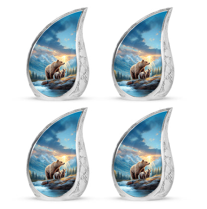 Icy Blue Bear Cremation Urn close-up of engraving and surface detail - flowing teardrop bear silhouette on curved aluminum - 10 inch aluminum urn for cremated remains