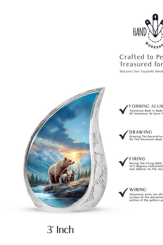Dusty Blue Bear Cremation Urn angled view of lid and engraved motif - rounded teardrop bear design with delicate detail - mini keepsake memorial for portion of cremation ashes
