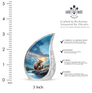 Dusty Blue Bear Cremation Urn angled view of lid and engraved motif - rounded teardrop bear design with delicate detail - mini keepsake memorial for portion of cremation ashes