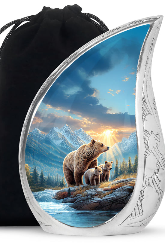 Misty Blue Bear Cremation Urn front view showing detailed design - rounded teardrop bear design with delicate detail - full-size 10 inch 200 cubic inch adult cremation urn