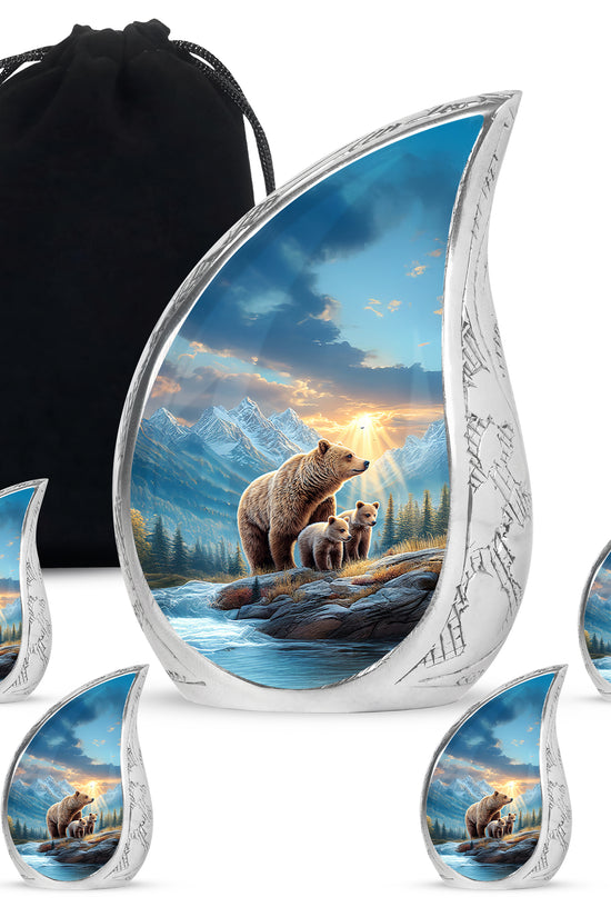 Soft Blue Bear Cremation Urn side profile showing urn shape - graceful tear-shaped urn with bear motif - memorial set with one large and four small urns
