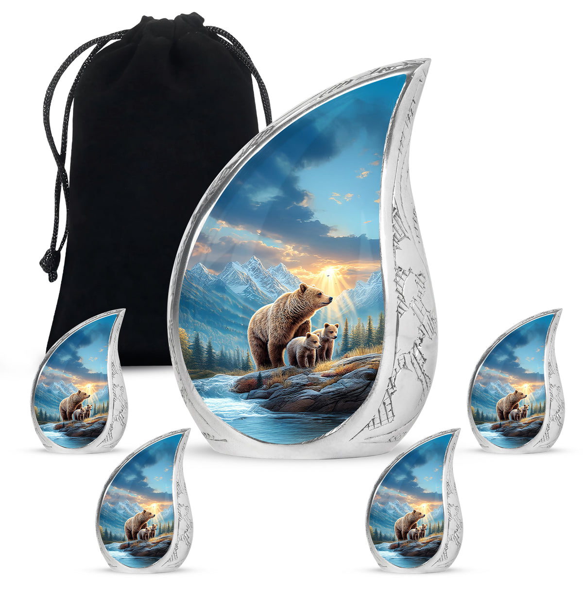 Soft Blue Bear Cremation Urn side profile showing urn shape - graceful tear-shaped urn with bear motif - memorial set with one large and four small urns