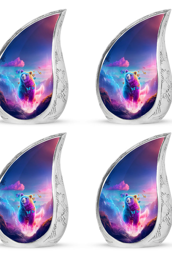 Calming Blue Bear Cremation Urn close-up of engraving and surface detail - smooth teardrop contour featuring bear art - 10 inch aluminum urn for cremated remains