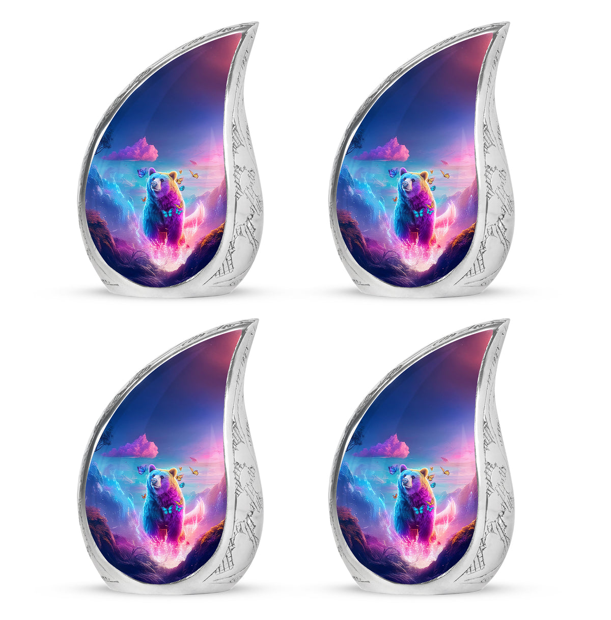Calming Blue Bear Cremation Urn close-up of engraving and surface detail - smooth teardrop contour featuring bear art - 10 inch aluminum urn for cremated remains