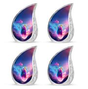 Calming Blue Bear Cremation Urn close-up of engraving and surface detail - smooth teardrop contour featuring bear art - 10 inch aluminum urn for cremated remains