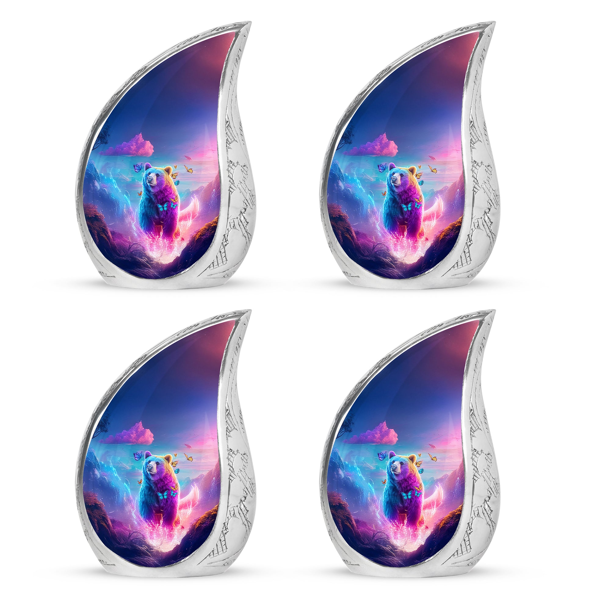 Calming Blue Bear Cremation Urn close-up of engraving and surface detail - smooth teardrop contour featuring bear art - 10 inch aluminum urn for cremated remains