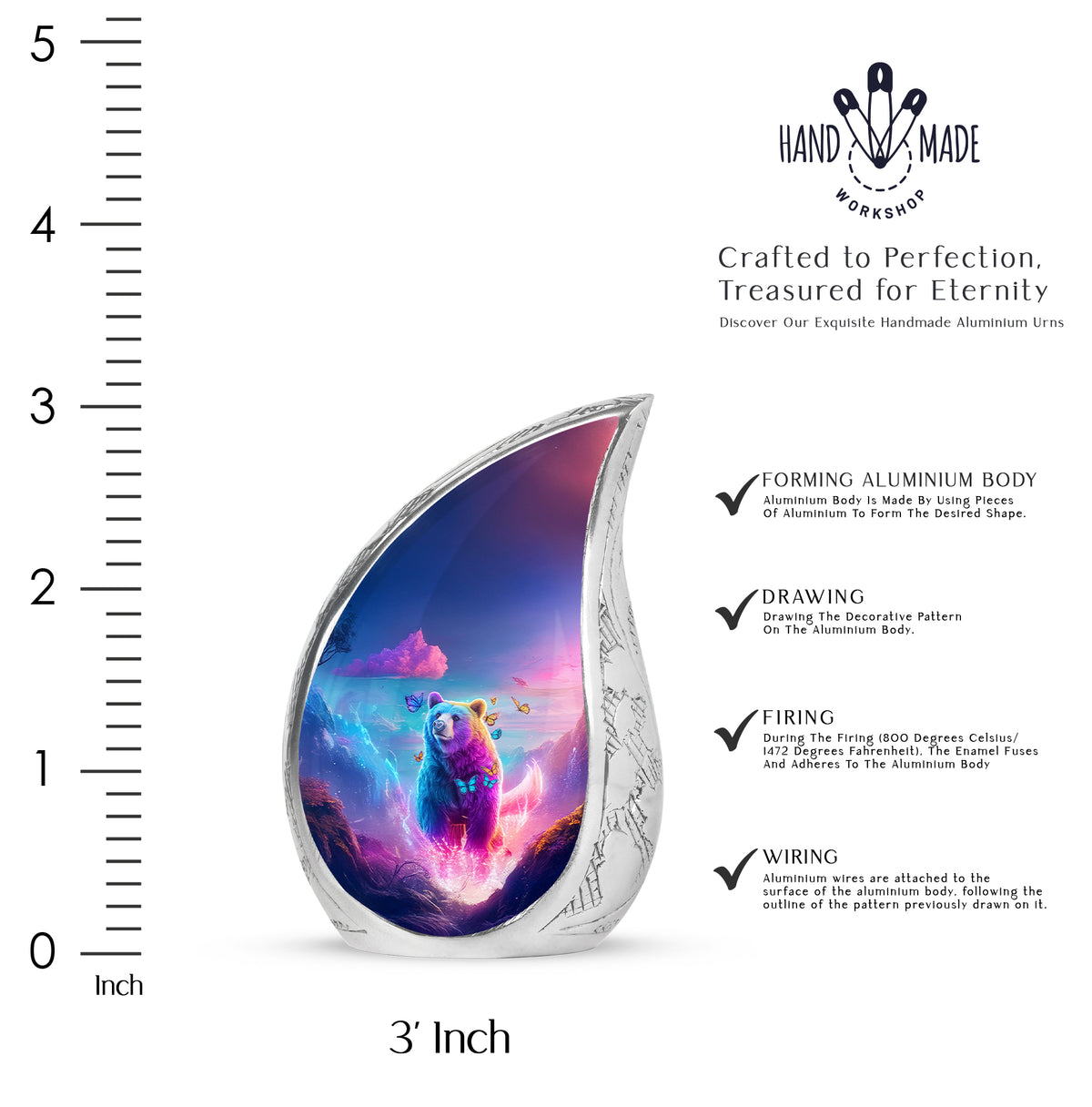 Misty Blue Bear Cremation Urn angled view of lid and engraved motif - flowing teardrop bear silhouette on curved aluminum - mini keepsake memorial for portion of cremation ashes