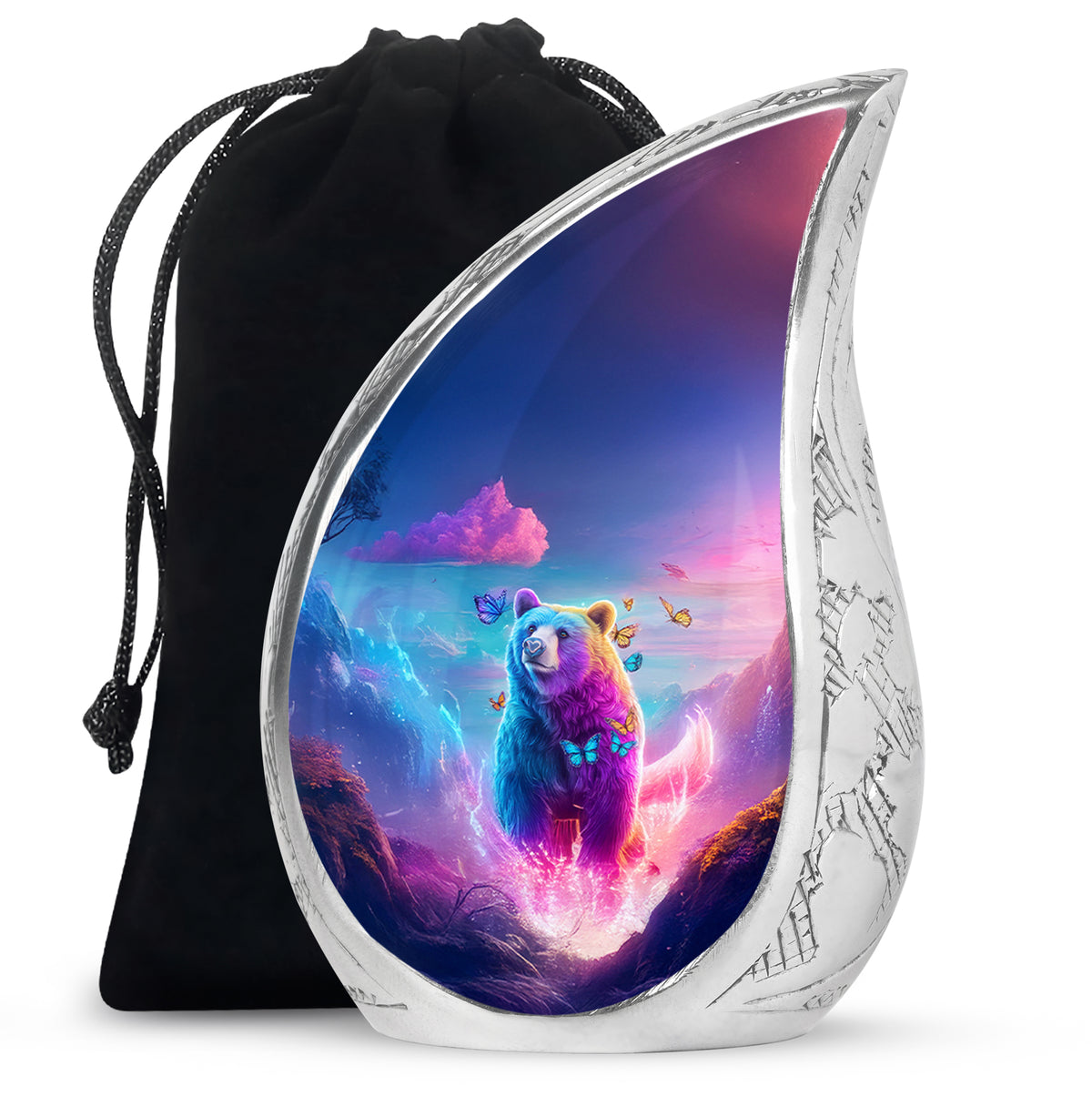 Misty Blue Bear Cremation Urn front view showing detailed design - flowing teardrop bear silhouette on curved aluminum - full-size 10 inch 200 cubic inch adult cremation urn