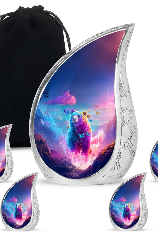 Azure Bear Cremation Urn side profile showing urn shape - flowing teardrop bear silhouette on curved aluminum - memorial set with one large and four small urns