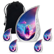 Azure Bear Cremation Urn side profile showing urn shape - flowing teardrop bear silhouette on curved aluminum - memorial set with one large and four small urns