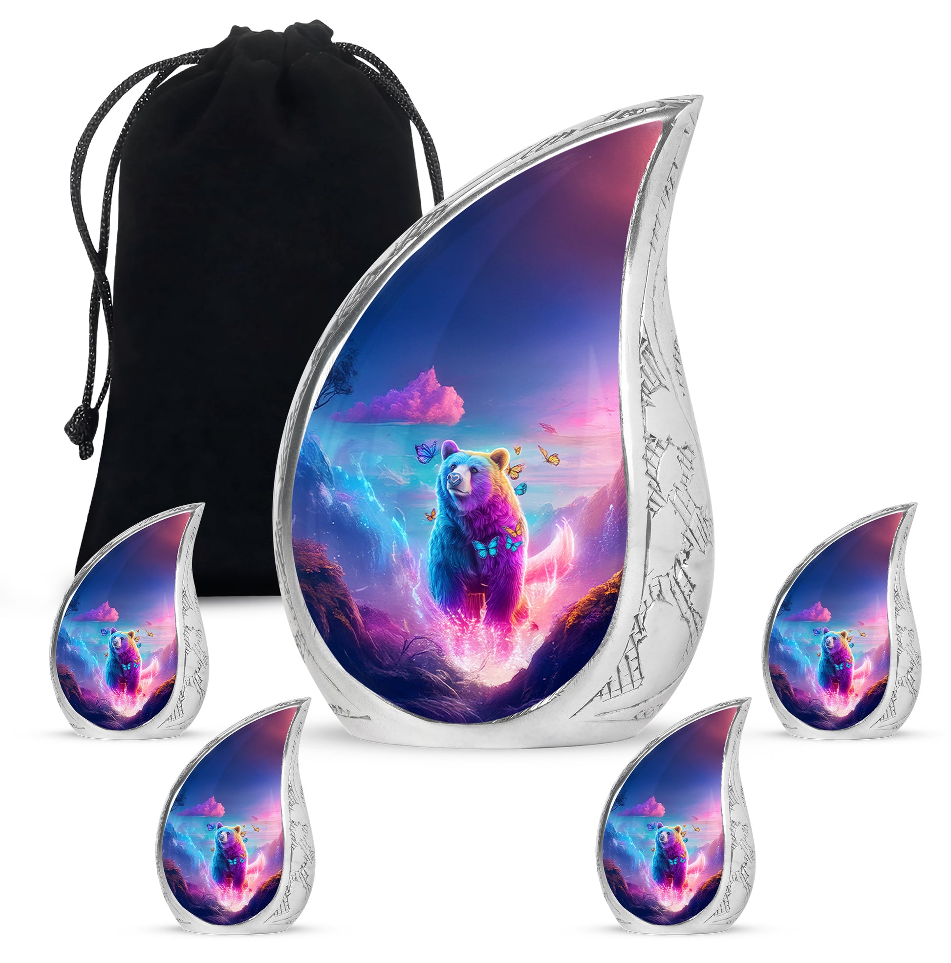 Azure Bear Cremation Urn side profile showing urn shape - flowing teardrop bear silhouette on curved aluminum - memorial set with one large and four small urns