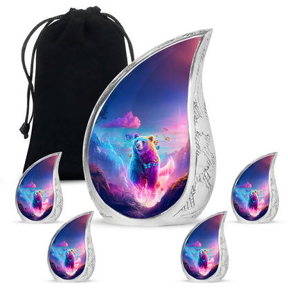 Azure Bear Cremation Urn side profile showing urn shape - flowing teardrop bear silhouette on curved aluminum - memorial set with one large and four small urns
