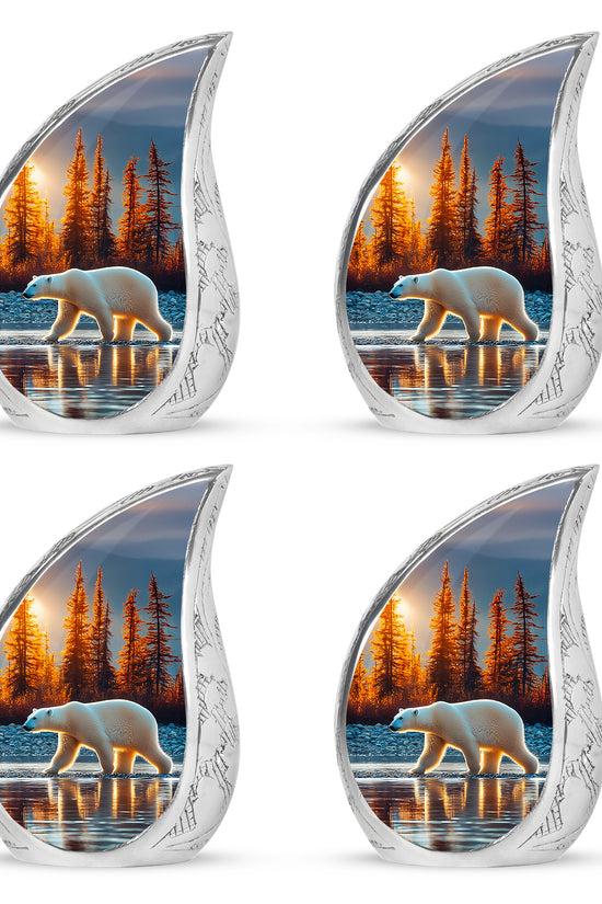 Soft Blue Bear Cremation Urn close-up of engraving and surface detail - smooth teardrop contour featuring bear art - 10 inch aluminum urn for cremated remains