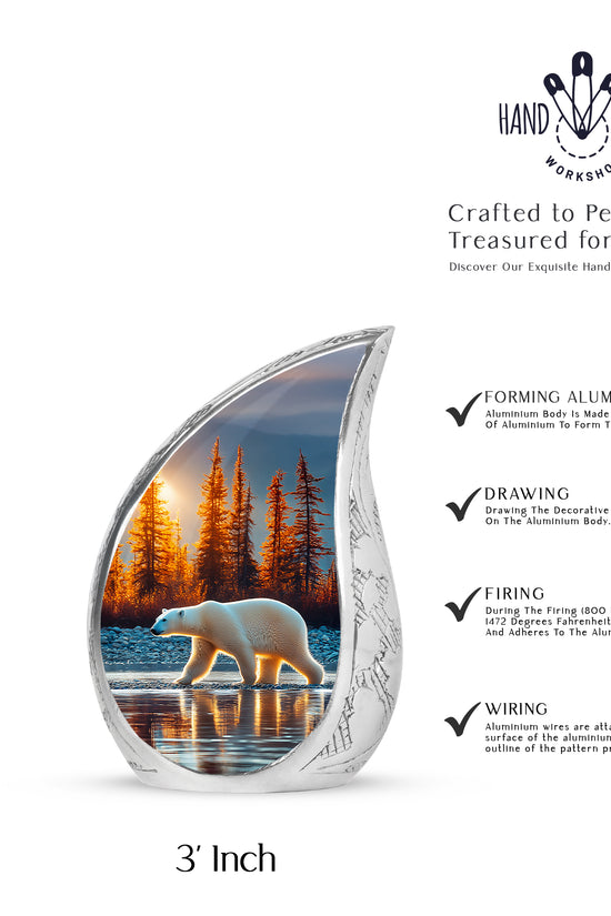 Sapphire Blue Bear Cremation Urn angled view of lid and engraved motif - smooth teardrop contour featuring bear art - mini keepsake memorial for portion of cremation ashes