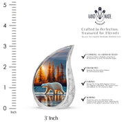 Sapphire Blue Bear Cremation Urn angled view of lid and engraved motif - smooth teardrop contour featuring bear art - mini keepsake memorial for portion of cremation ashes
