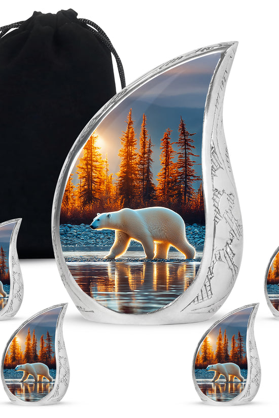 Azure Bear Cremation Urn side profile showing urn shape - rounded teardrop bear design with delicate detail - memorial set with one large and four small urns