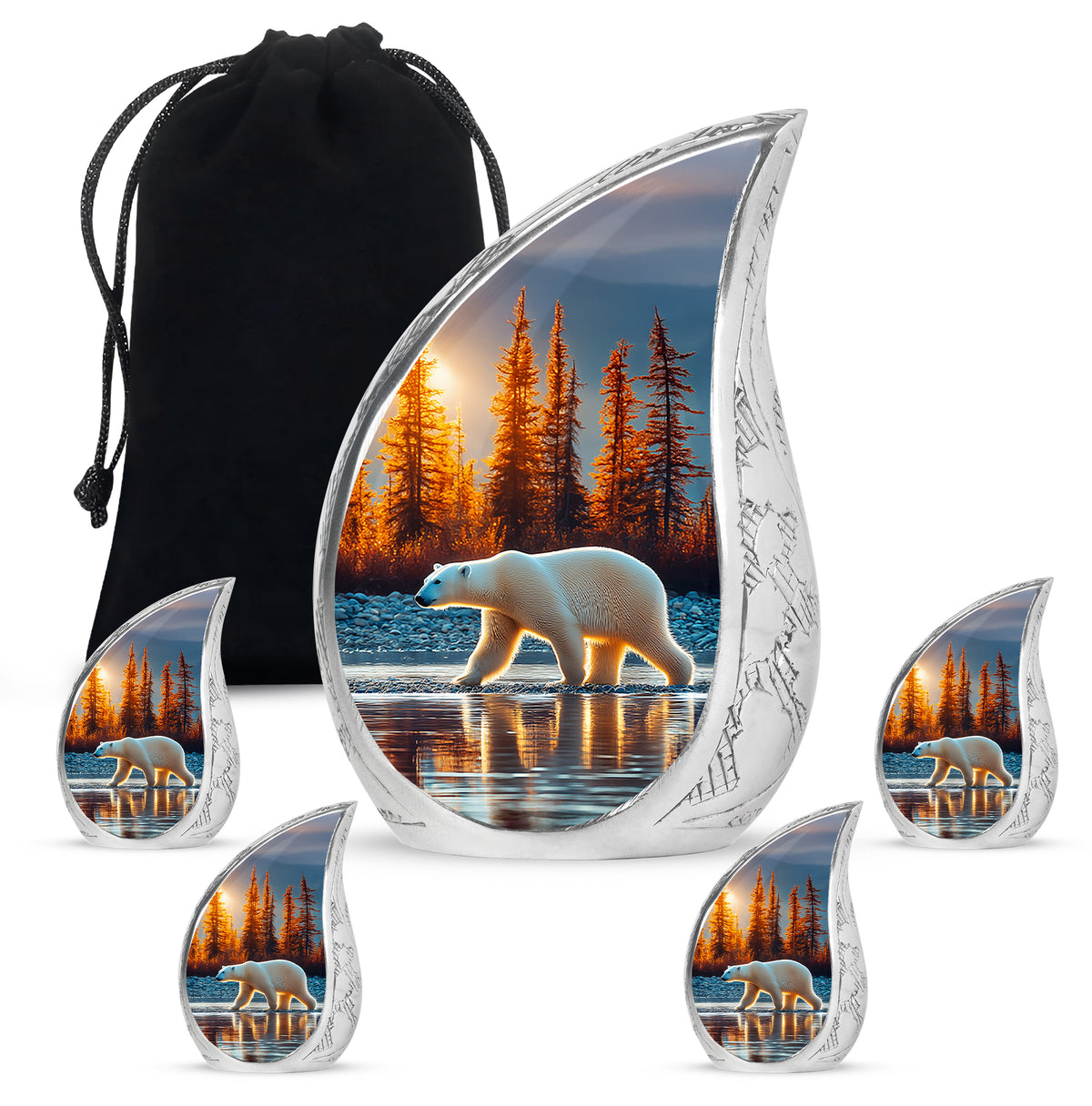 Azure Bear Cremation Urn side profile showing urn shape - rounded teardrop bear design with delicate detail - memorial set with one large and four small urns