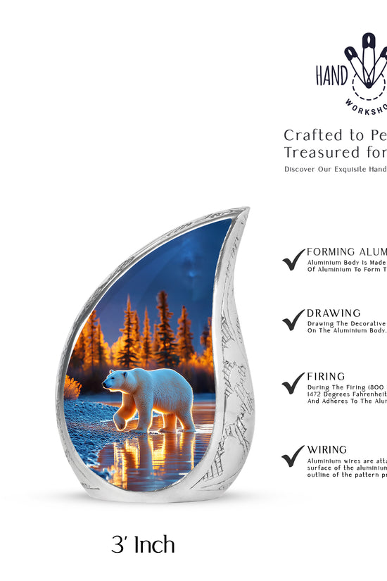 Sky Blue Bear Cremation Urn angled view of lid and engraved motif - flowing teardrop bear silhouette on curved aluminum - mini keepsake memorial for portion of cremation ashes
