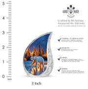 Sky Blue Bear Cremation Urn angled view of lid and engraved motif - flowing teardrop bear silhouette on curved aluminum - mini keepsake memorial for portion of cremation ashes