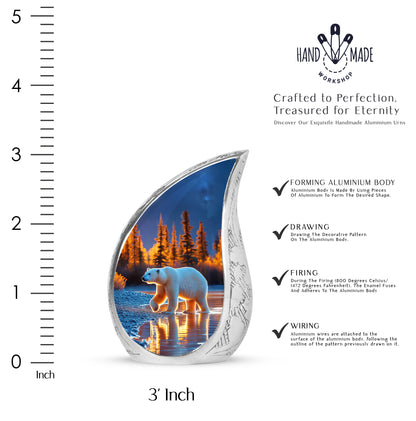 Sky Blue Bear Cremation Urn angled view of lid and engraved motif - flowing teardrop bear silhouette on curved aluminum - mini keepsake memorial for portion of cremation ashes