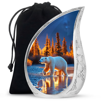 Bright Blue Bear Cremation Urn front view showing detailed design - smooth teardrop contour featuring bear art - full-size 10 inch 200 cubic inch adult cremation urn