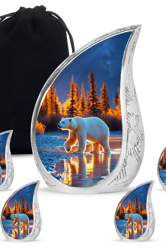 Powder Blue Bear Cremation Urn side profile showing urn shape - flowing teardrop bear silhouette on curved aluminum - memorial set with one large and four small urns