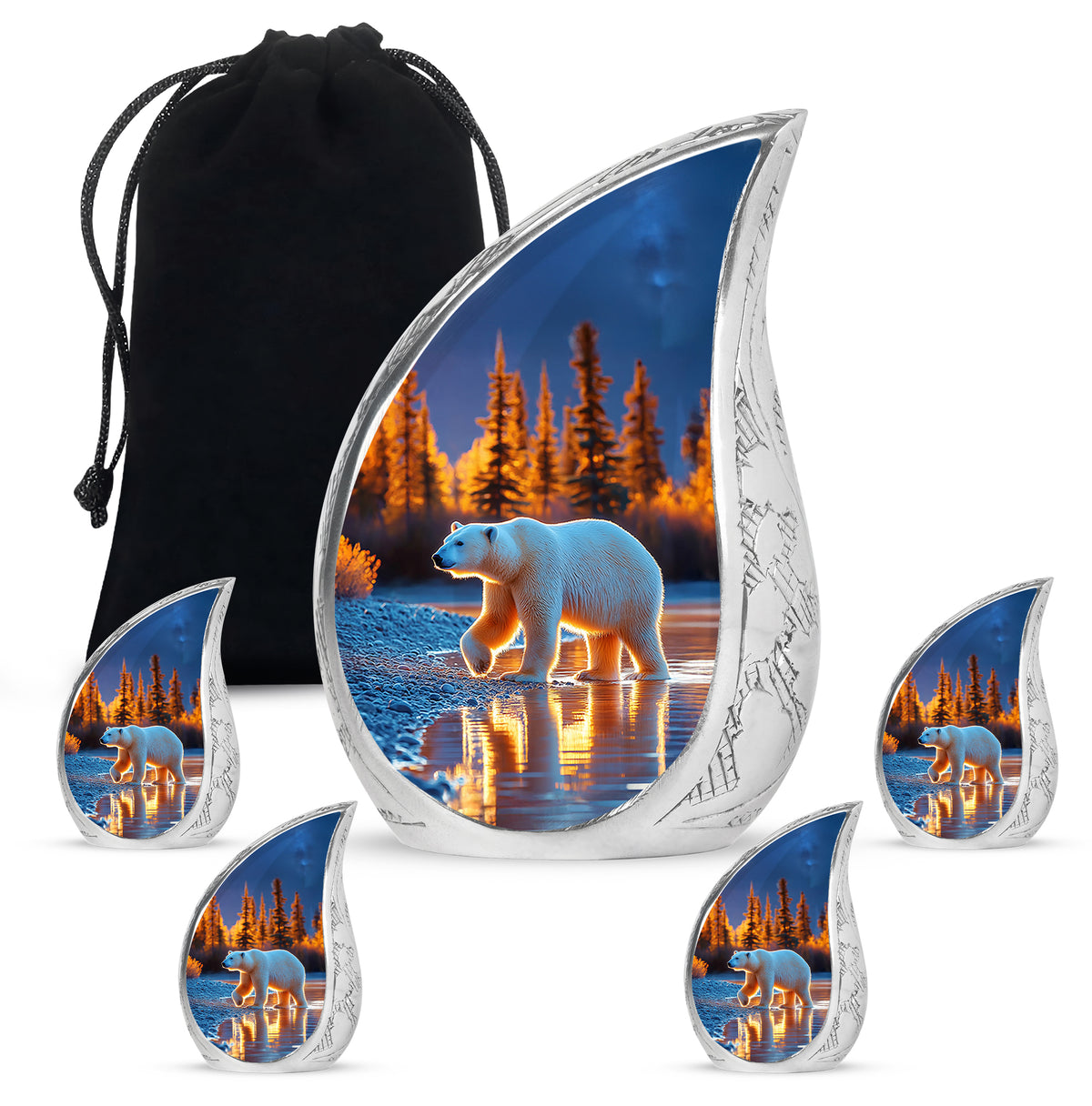 Powder Blue Bear Cremation Urn side profile showing urn shape - flowing teardrop bear silhouette on curved aluminum - memorial set with one large and four small urns