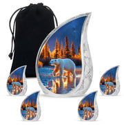 Powder Blue Bear Cremation Urn side profile showing urn shape - flowing teardrop bear silhouette on curved aluminum - memorial set with one large and four small urns