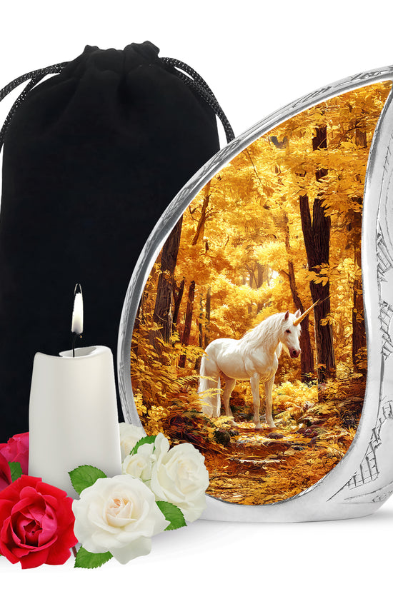 White Unicorn Cremation Urn - Autumn Forest Urn For Human Ashes