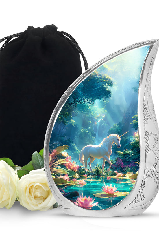 White Unicorn Theme Memorial Urn - Large Funeral Urn For Loved Ones
