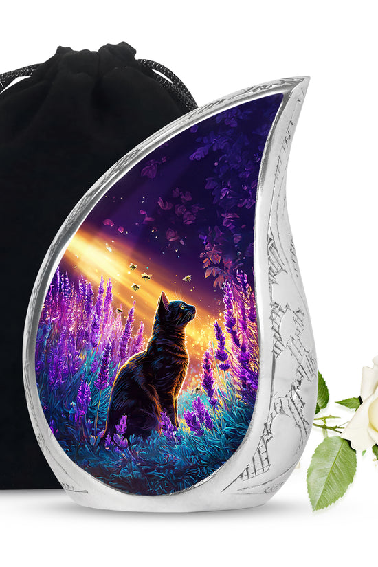 Black Cat Memorial Urn - Lavender Field Cremation Urn For Pet Ashes