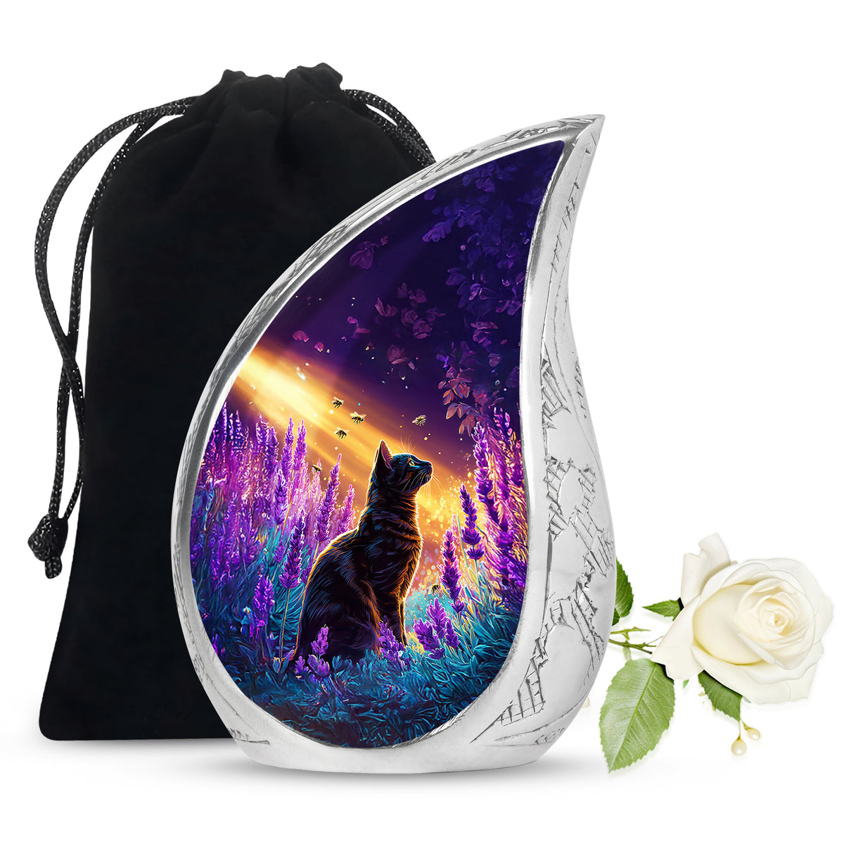 Black Cat Memorial Urn - Lavender Field Cremation Urn For Pet Ashes