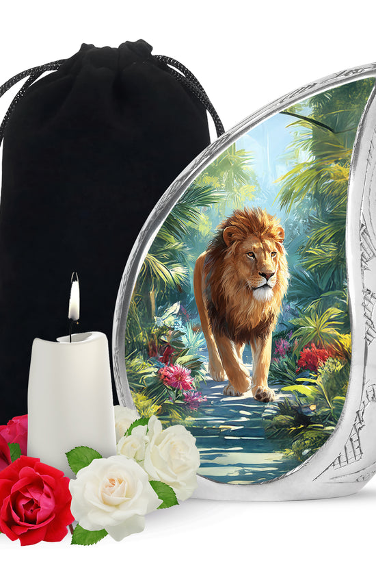 Jungle Lion Memorial Urn - Tropical Forest Cremation Urn For Dad