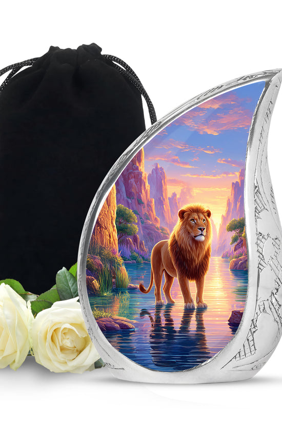 Lion Sunset Funeral Urn - Purple Aluminium Cremation Urn For Human Ashes