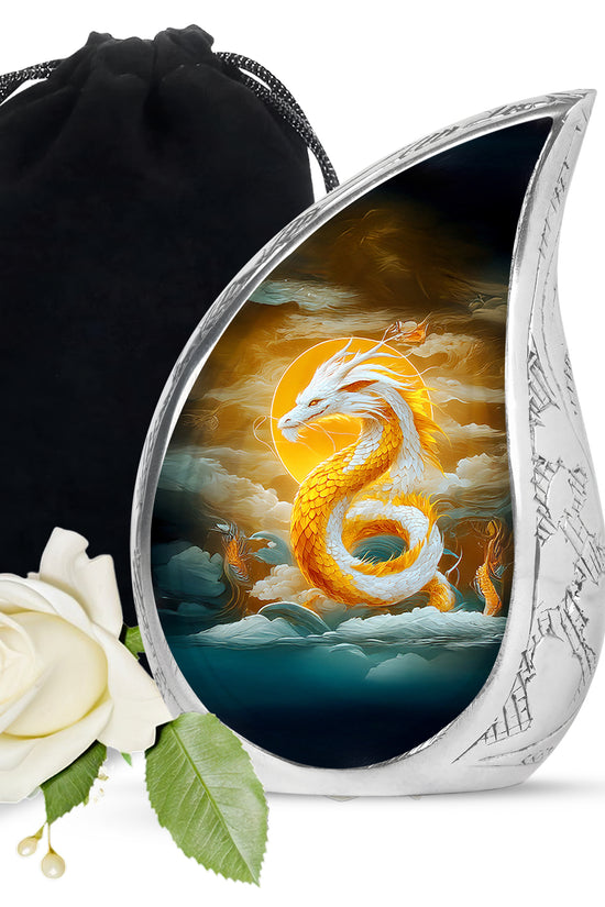 White Gold Dragon Cremation Urn - Aluminium Funeral Urn For Ashes