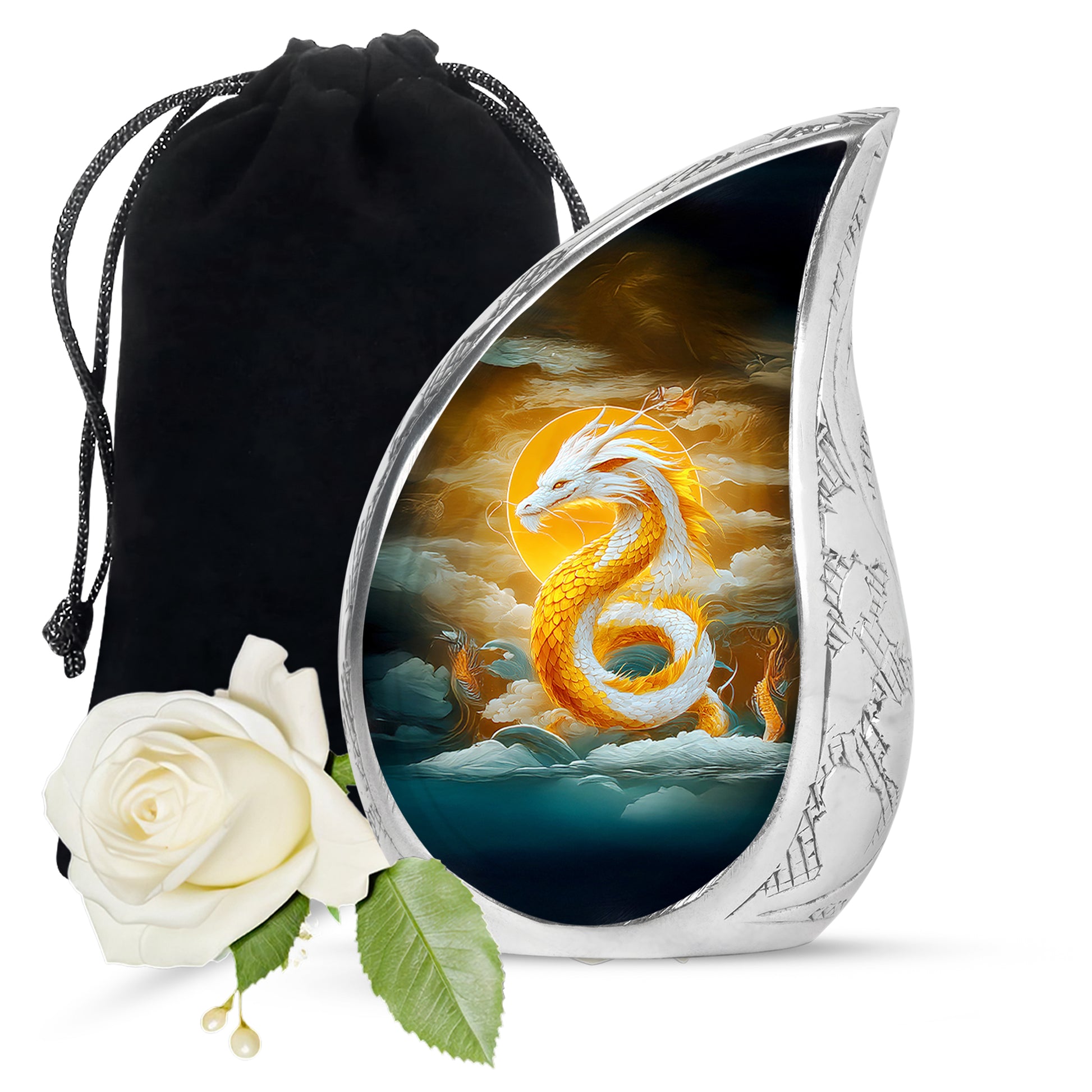 White Gold Dragon Cremation Urn - Aluminium Funeral Urn For Ashes
