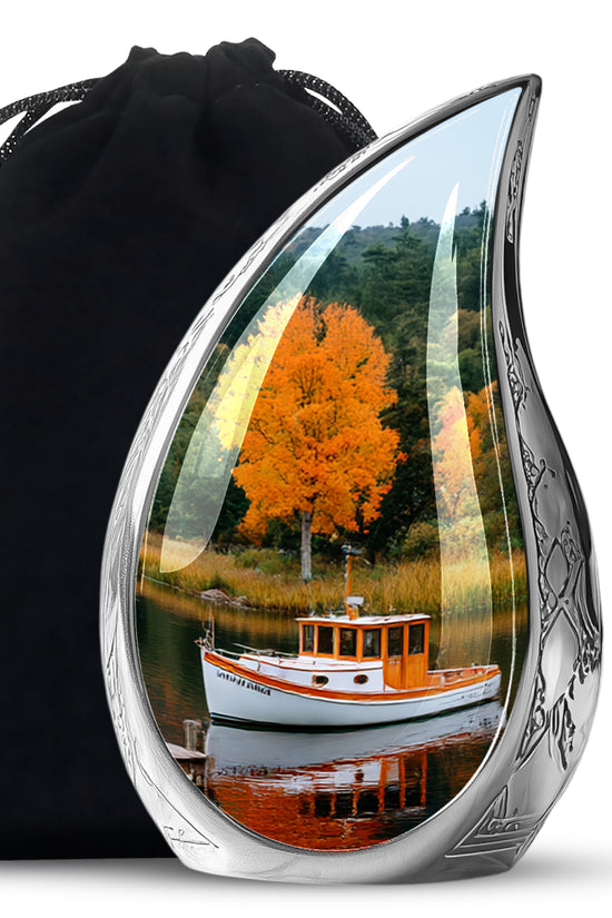 Boat Scenic Cremation Urn - Autumn Lake Memorial Urn For Ashes