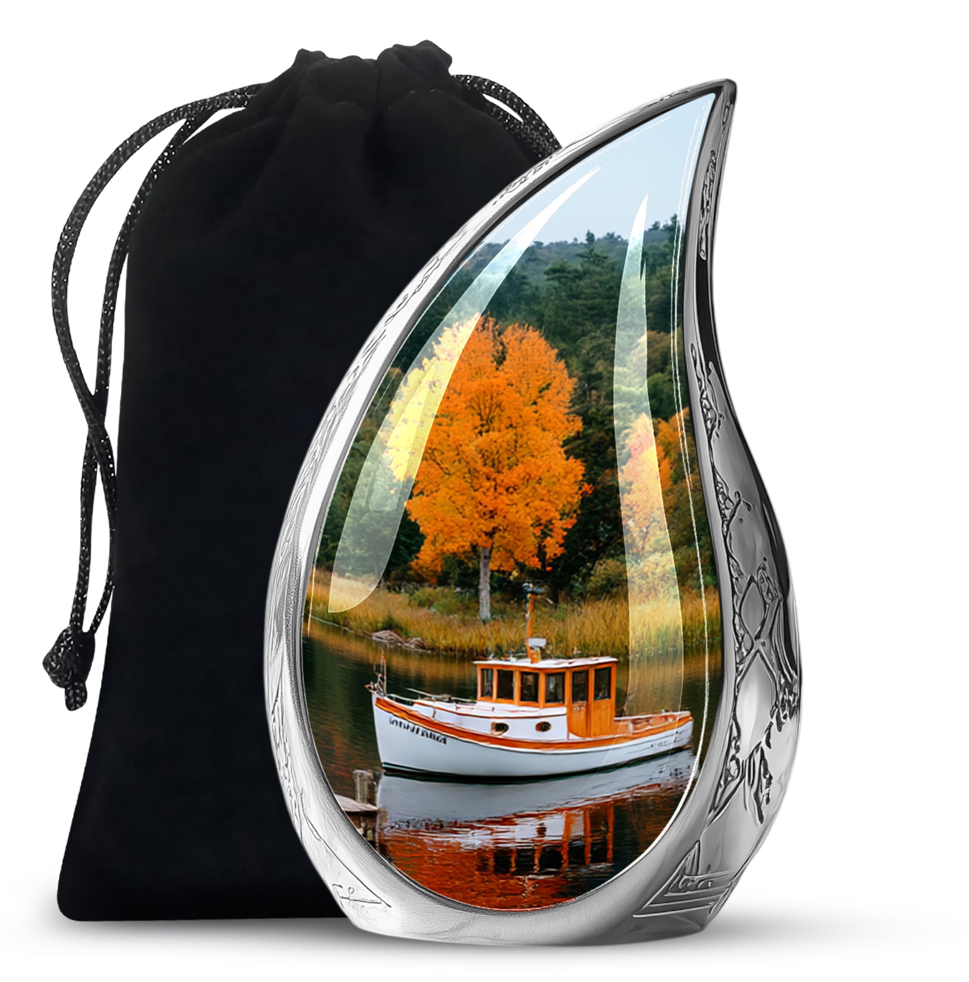 Boat Scenic Cremation Urn - Autumn Lake Memorial Urn For Ashes