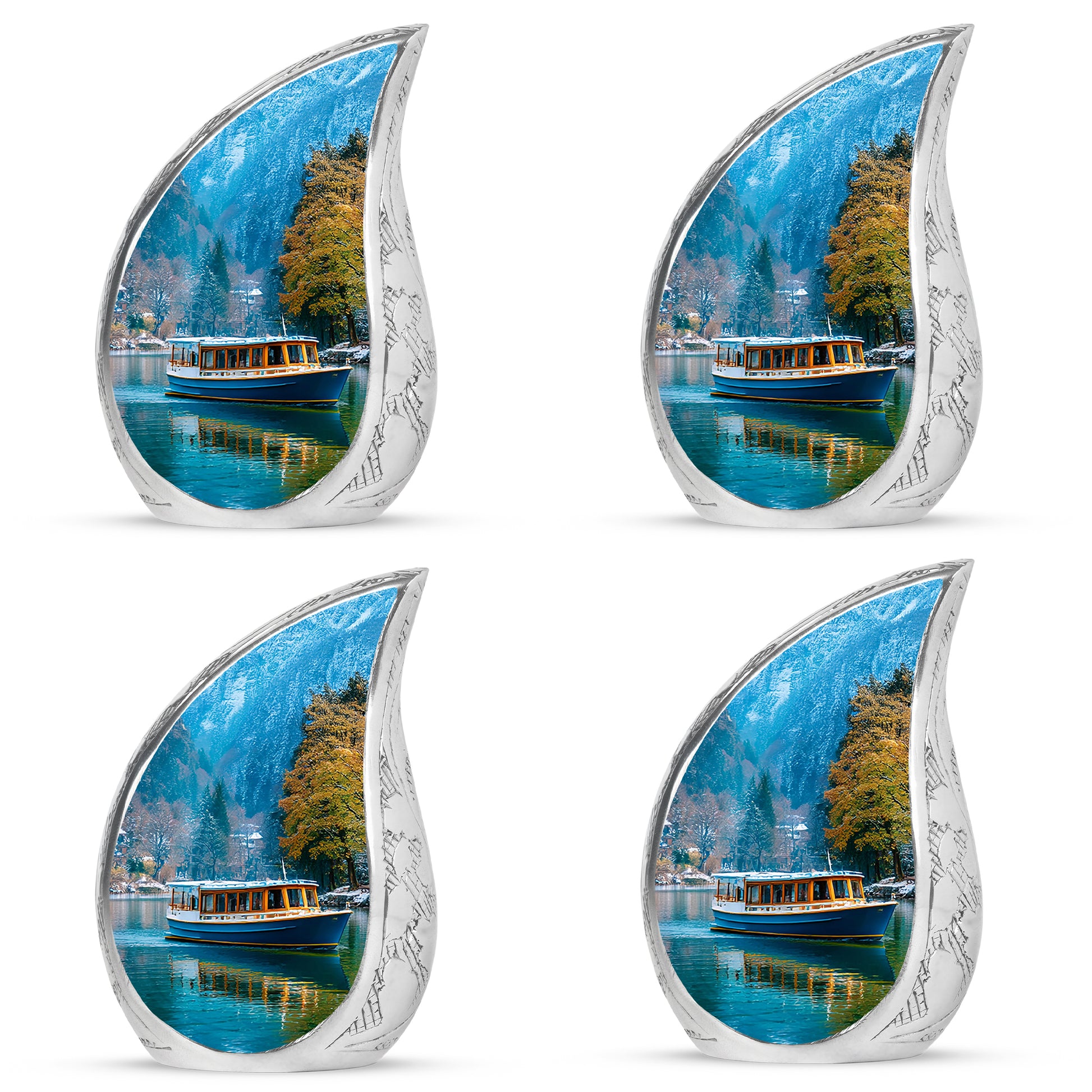 Dusty Blue Boat Cremation Urn close-up of engraving and surface detail - rounded teardrop boat design with delicate detail - 10 inch aluminum urn for cremated remains