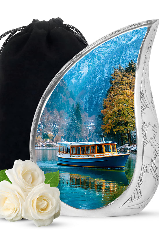 Royal Blue Boat Cremation Urn front view showing detailed design - smooth teardrop contour featuring boat art - full-size 10 inch 200 cubic inch adult cremation urn