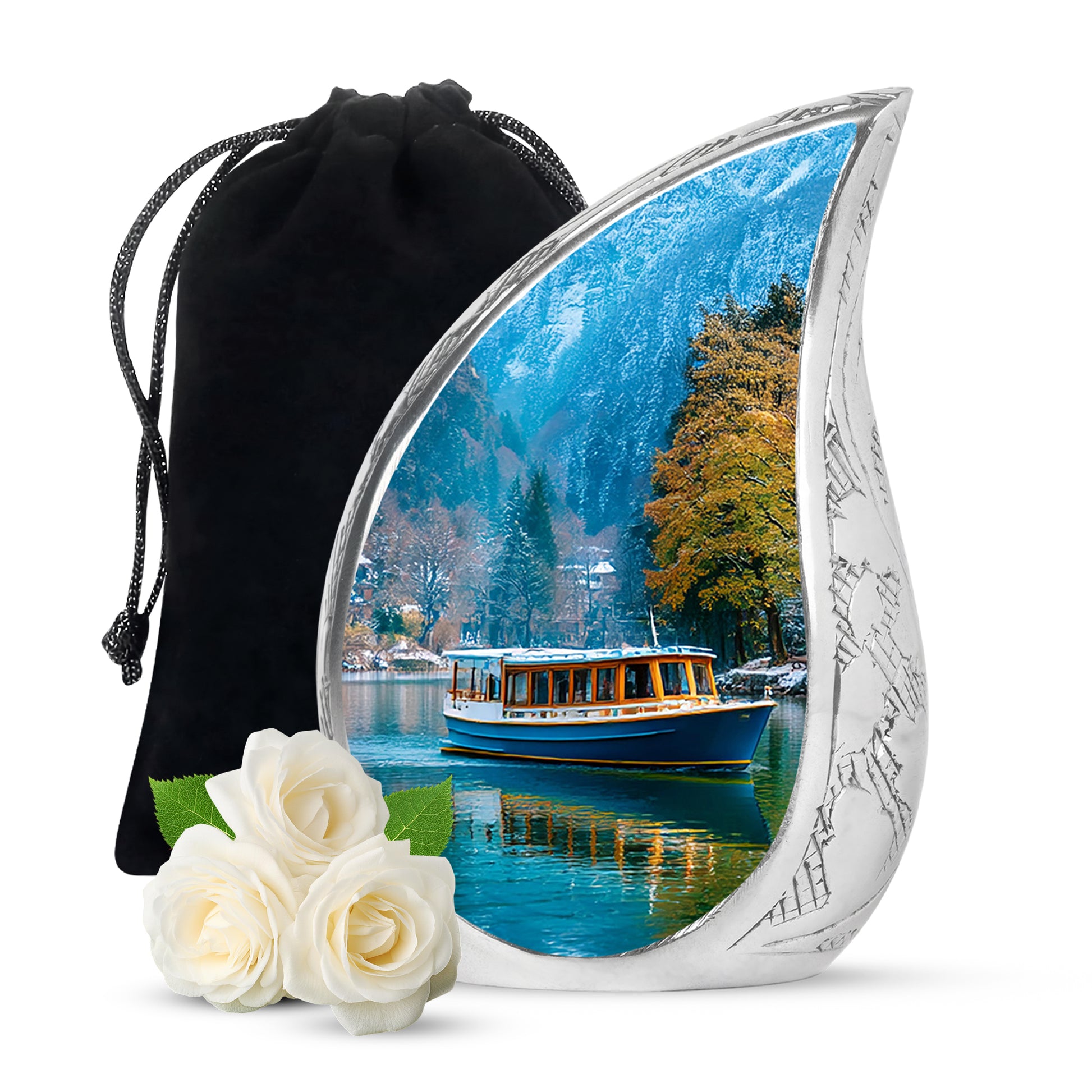 Royal Blue Boat Cremation Urn front view showing detailed design - smooth teardrop contour featuring boat art - full-size 10 inch 200 cubic inch adult cremation urn
