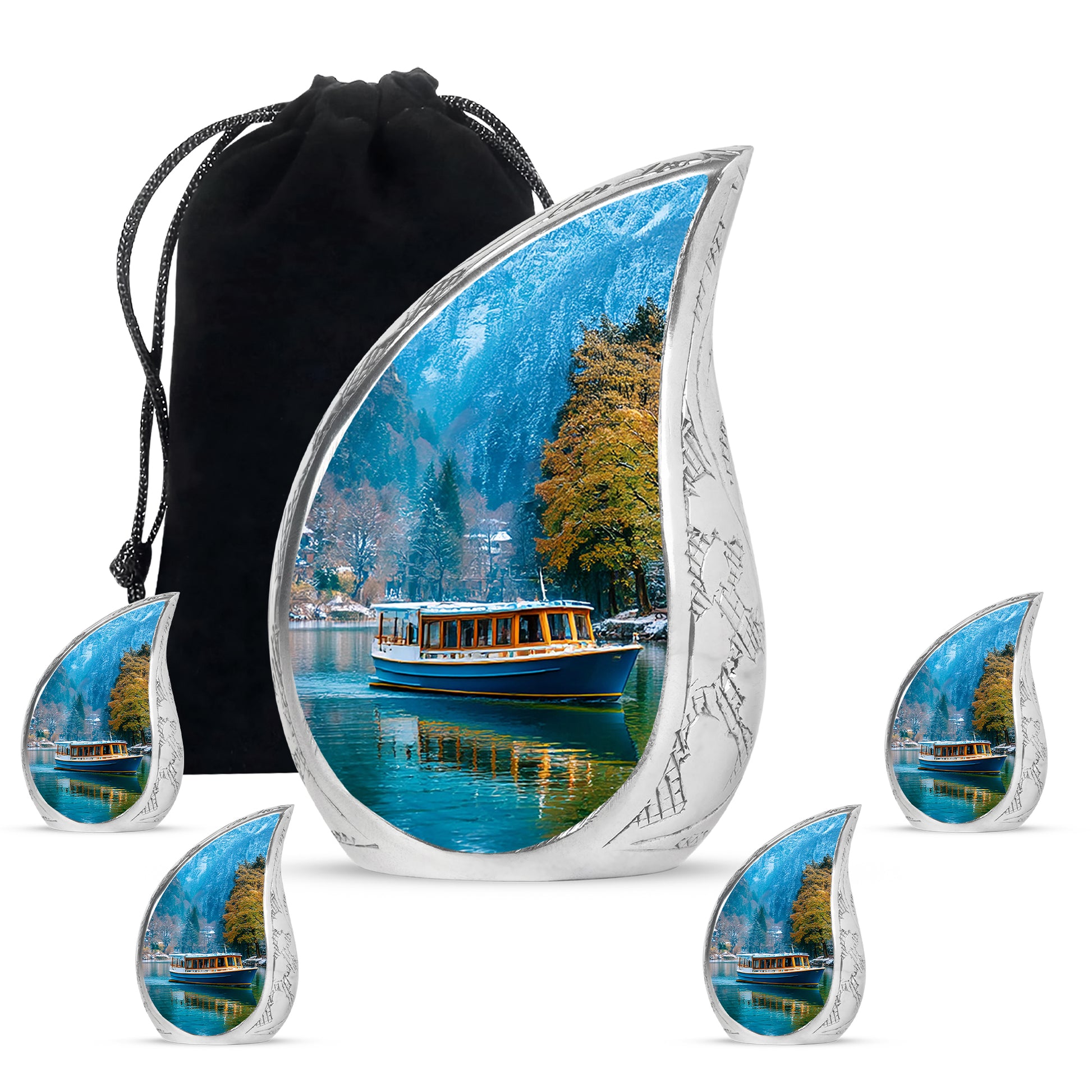 Azure Boat Cremation Urn side profile showing urn shape - flowing teardrop boat silhouette on curved aluminum - memorial set with one large and four small urns