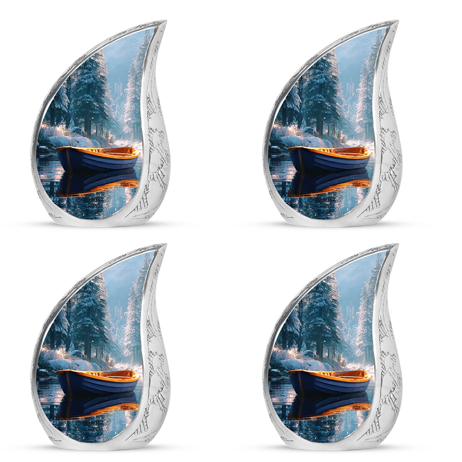 Mystic Teal Boat Cremation Urn close-up of engraving and surface detail - graceful tear-shaped urn with boat motif - 10 inch aluminum urn for cremated remains